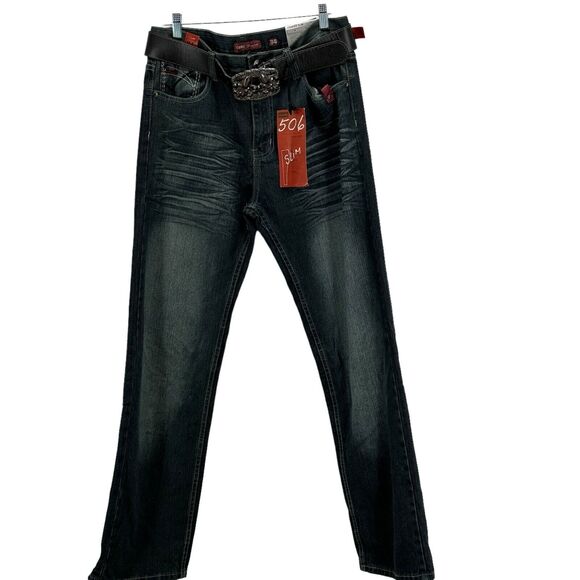 CHAMS Men’s Jeans Y2K DARK WASH 506 Slim HIPHOP Blue SIZE 34 X 33 NEW Deadstock - Picture 1 of 9